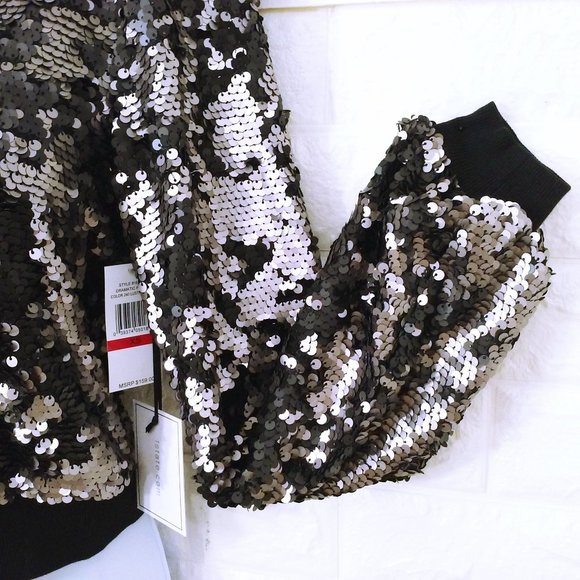 NWT 1-State Glam Rock Metallic Flip Sequin Bomber Jacket -XS Ringer Bronze Black - Picture 6 of 11